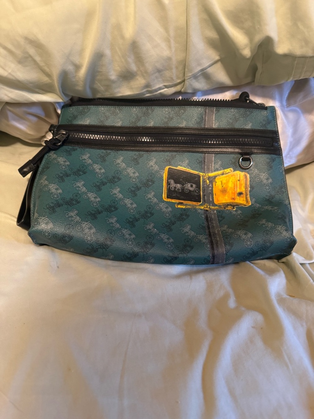 Coach Teal Signature Canvas Pouch with Yellow Traffic Sign Accent - Picture 2 of 7